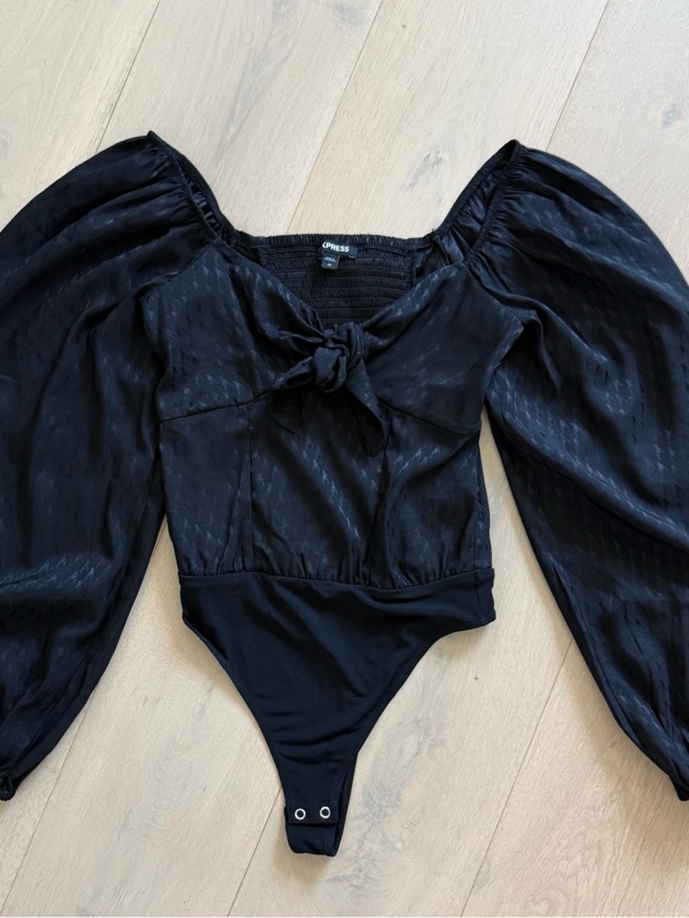 Express Black Puff-Sleeve Tie-Front Bodysuit with Balloon Sleeves